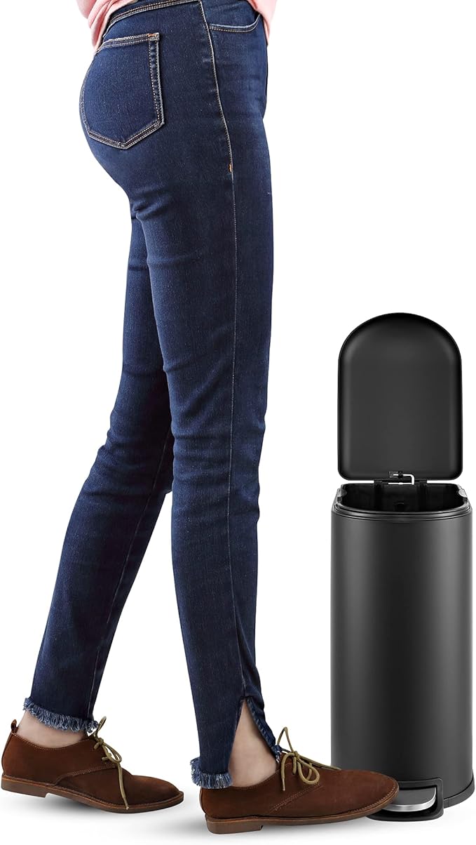 happimess HPM1009B Roland Mini 2.6-Gallon Step-Open Trash Can with Soft-Close Lid, Modern, Minimalistic, Fingerprint Proof for Home, Kitchen, Laundry Room, Office, Bedroom, Bathroom, Black