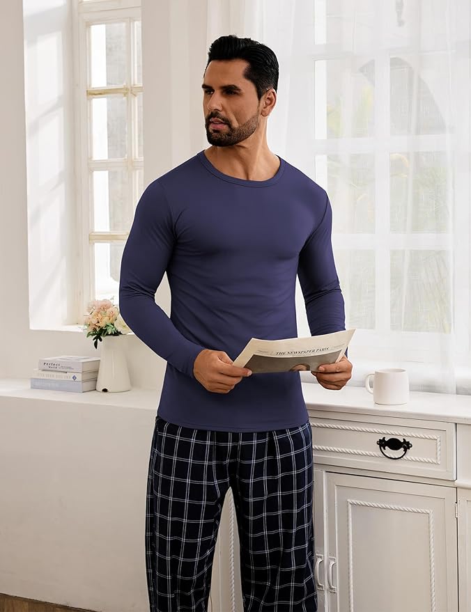 URRU Thermal Underwear for Men High Stretch Fleece Lined Long Sleeve Crewneck Thermal Shirts Base Layer Top Men Cold Weather