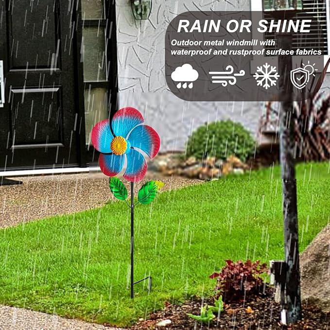 Garden Wind Spinners & Metal Wind Sculptures - Outdoor Windmill Decor with Vibrant Red & Blue, Yard Art for Patio Lawn Garden Ornament, Dynamic Wind Spinner Sculpture for Landscape 1Pack