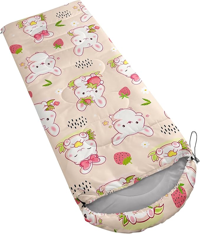 AILONEN Pink Lovely Rabbit Sleeping Bag for Girls Kids Adults,Warm and Cool Weather,Lightweight,Waterproof Backpacking,Cartoon Flowers Printed Bunny Sleeping Bag for Camping