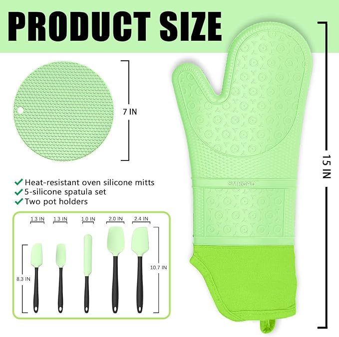 Oven Mitts with Heat-Resistant Hot Pads and Five Silicone Spatulas Designed for Kitchen Baking Cooking, Oven Glove Soft Cotton Lining, Waterproof, BPA-Free (Fluorescent Green, 15.7)