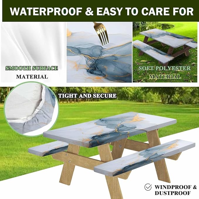 CAPSCEOLL Elastic Picnic Table Cover with Bench Covers 5Ft Waterproof Fitted Picnic Table Cover Cloths for Outdoors Camping Tablecloth with Drawstring Bag, 60X30in, Grey White Marble