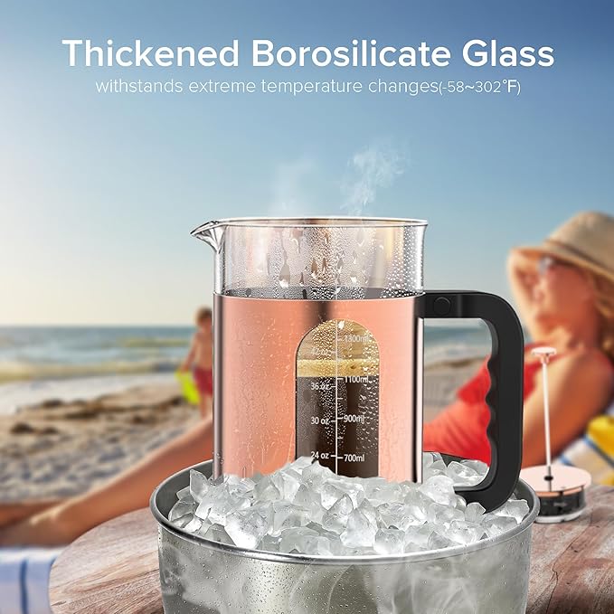 QUQIYSO French Press Coffee Maker 51oz 304 Stainless Steel French Press with 4 Filter, Borosilicate Glass Coffee Press