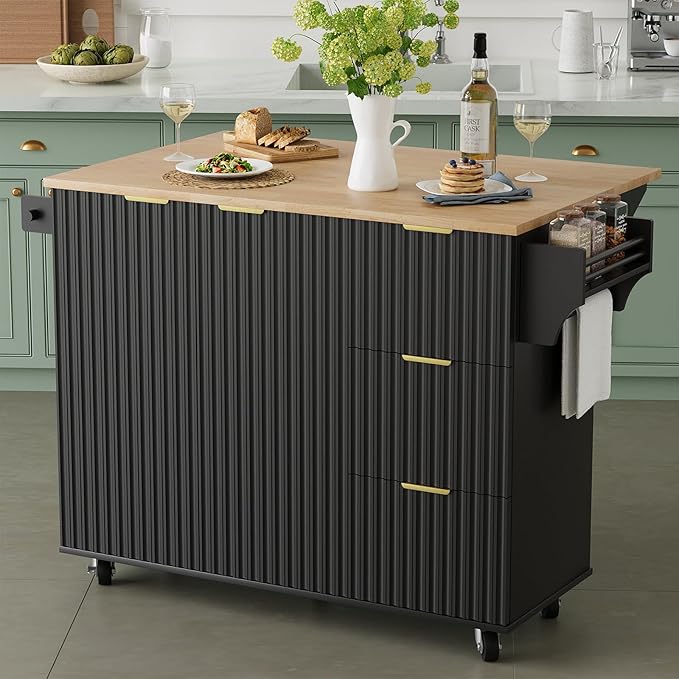 win2win Rolling Kitchen Island with Storage, Portable Kitchen Island with Drop Leaf Breakfast Bar, Modern Farmhouse Kitchens Cart on Wheels with Fluted Design, Towel Rack, Spice Rack, Black