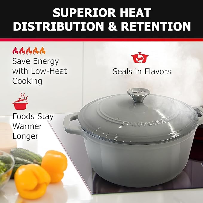 MÜELLERHOME 4.5 QT Enameled Cast Iron Dutch Oven, Heavy-Duty Casserole Dish and Braiser Pan with Lid and Stainless Knob, Oven-Safe up to 500° F & Across All Cooktops, Grey