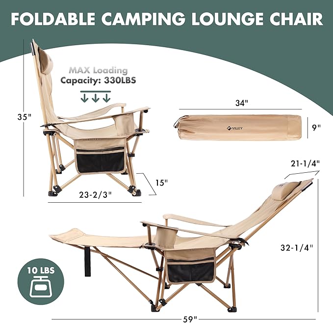VILLEY Reclining Camping Lounge Chair Adjustable Foldable Chair for Adults with Removable Footrest, Headrest & Storage Bag Supports Up to 330 LBS Beige