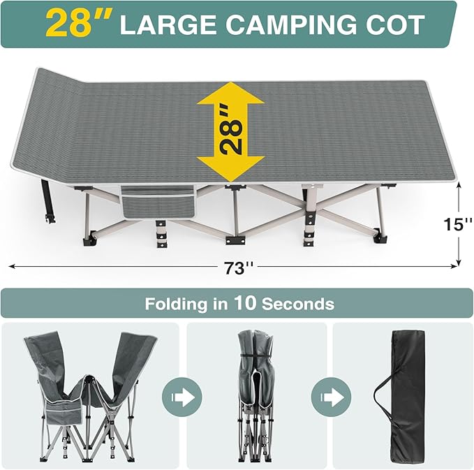 ZENPETIO 28In Folding Camping Cot for Adult, Portable Sleeping Cot with Mattress, Outdoor Heavy Duty Cot Bed for Camp with Carry Bag for Home, Office, Camp, Travel, Vacation(Max Loading 500lbs)