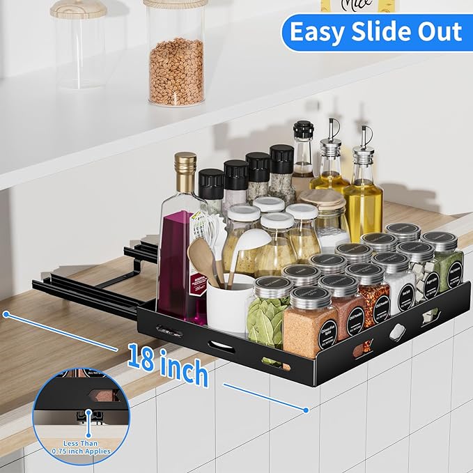 Pull Out Spice Rack Organizer for Cabinet, 1 Tier Heavy Duty Spice Rack, Vertical Spice Rack for Kitchen Cabinet and Pantry (12.6''Wx10.5''Dx2.8''H, Metal Black)