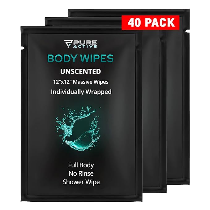 Shower Body Wipes 12"x12", 40 Individually Wrapped Personal Hygiene Body Wipes for Women and Men, Keep Clean After Gym Travel Camping Outdoors Sports, Unscented