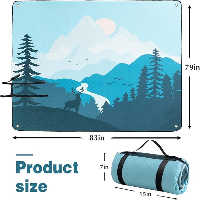 PY SUPER MODE Extra Large Waterproof Picnic Blankets 83x79 Inches - 5 Layer Outdoor Picnic Mat for Beach Camping Park Lawn, Windproof Anchor System with Stakes, Foldable Blue&Brown
