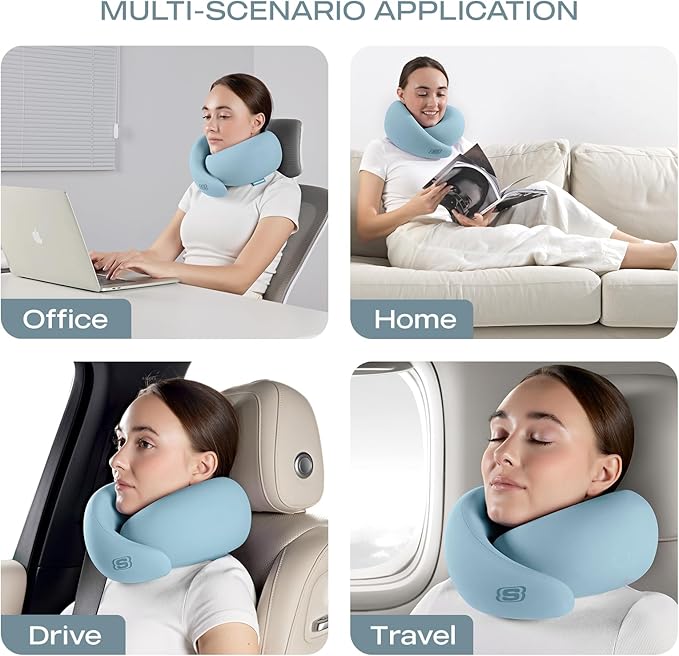 Skechers Memory Foam Travel Pillow,Comfortable & Breathable Airplane Travel Essential, Neck Pillow for Travel, Car Rides, Home, and Office Use, Ergonomic Design for Men and Women,Blue
