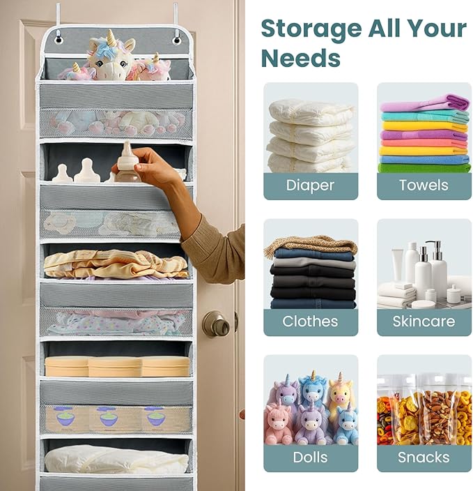 Over The Door Organizer with 8 Side Mesh Pockets, 44lb Weight Capacity Hanging Behind The Door Bathroom Organizers and Storage Suitable for Storing Toys, Shoes, Towels, Grey, 5 Shelf