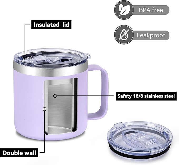VEGOND 14 oz Insulated Coffee Mug with Handle, Stainless Steel Travel Coffee Mug with Lid, Double Wall Vacuum Metal Coffee Cup, Coffee Tumbler Powder Coated, Purple 1 Pack
