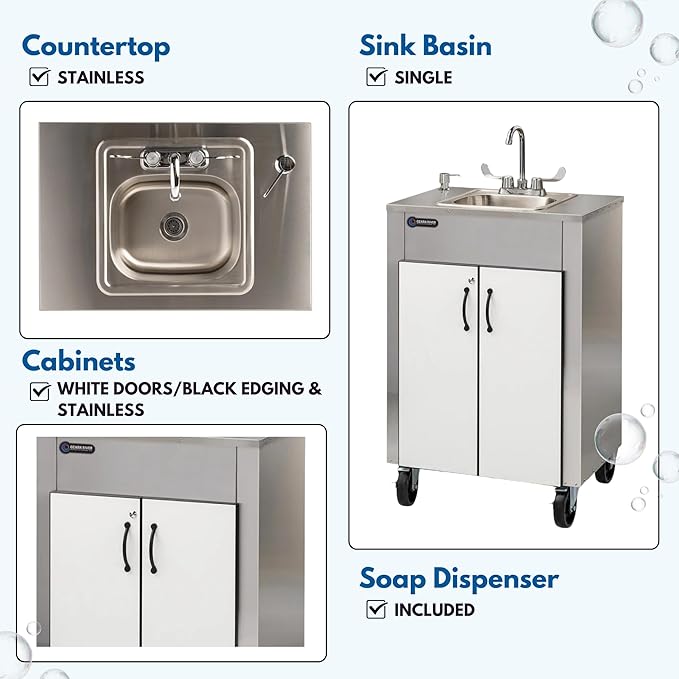 Ozark River Portable Sinks Elite LS1, Free Standing Portable Concession Sink, Commercial Restaurant Portable Sink with Hot Water, Stainless Food Service Sink, White Doors-Black Edges