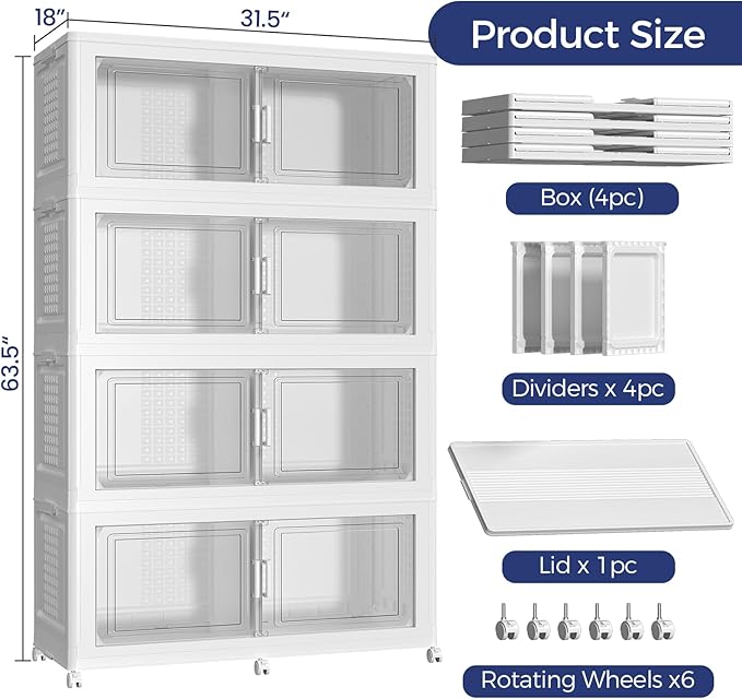 200GAL Extra Large Storage Bins with Lid, 800Qt Stackable Closet Organizers and Drawers, Collapsible Storage Bins with Wheels, Folding Storages Cabinet for Home Bedroom Office, 4Pack White