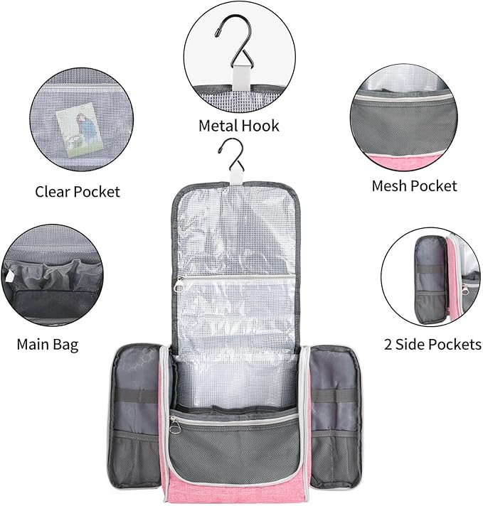 Della Gao Big Capacity Portable Travel Hanging Toiletry Bag Men and Women, Cosmetics Makeup Bag Toiletries Organizer, Water-Resistant Nylon Bathroom Bag, Pink