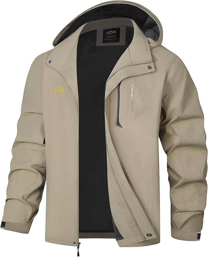 TEZO Mens Rain Jacket Waterproof with Hooded Hiking Coat Lightweight Windbreaker