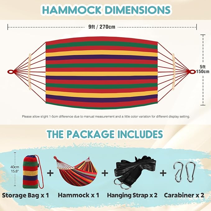 Anyoo Garden Cotton Hammock Comfortable Fabric Hammock with Spreader Bar Sturdy Hammocks Up to 450lbs Portable Lightweight Hammocks with Travel Bag for Camping Outdoor/Indoor Patio Backyard