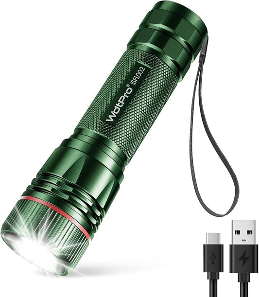 WdtPro Rechargeable Flashlights High Lumens, 1 Pack Super Bright LED Small Tactical EDC Flashlight with 10H Runtime, Portable Flash light for Camping, Home, Emergency Essentials Green Battery Included