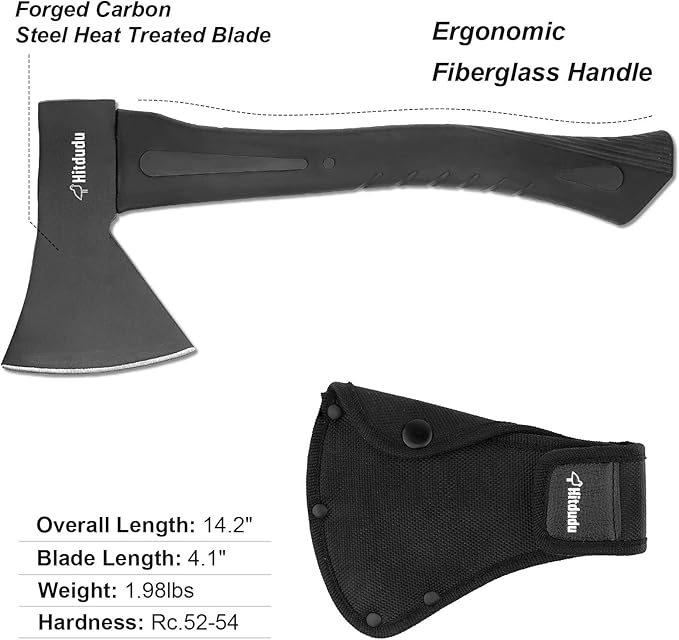 Camping Hatchet 2Pack, 14" Camping Axe Throwing Axe for Outdoor Wood Splitting and Kindling, Forged Carbon Steel Heat Treated, Fiberglass Shock Reduction Handle with Anti-Slip Grip