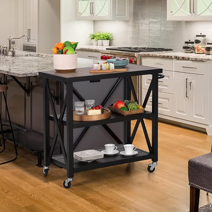 PHI VILLA Outdoor Grill Table, Elegant Grill Cart with Ceramic Wood Grain Table Top, Serving Cart with Shelves, Patio Grilling Backyard BBQ Grill Cart, Black