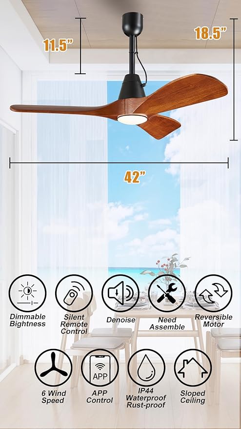 3 Blades Wood Outdoor Ceiling Fan with Light for Patios, Farmhouse Rustic Ceiling Fans with Lights, 42" Plug-in Wet Rated Outdoor Gazebo Fan for Exterior House Porch Patio, Waterproof,F245
