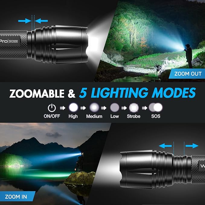 WdtPro LED Flashlight High Lumens SR2000 Pro, 2 Pack Brighter Tactical Flashlights with 5 Modes & Zoomable, Powerful Mini Flash Light for Emergency, Camping, Hiking (Black)