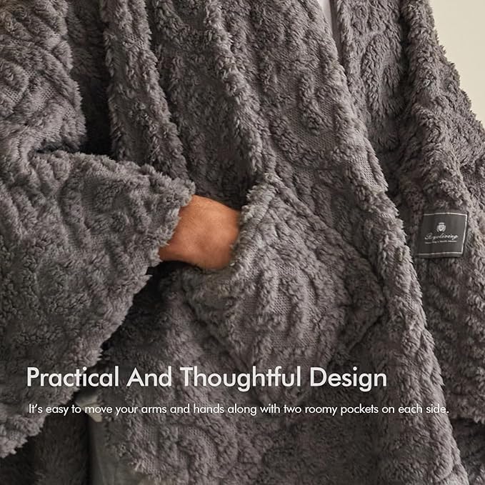 Royoliving Fuzzy Sherpa Wearable Fleece Blanket with Pockets for Adults, Ultra Soft Plush Shawl Throw Blankets (Grey, 58'' x 64'')