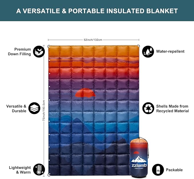 zzlamb Puffy Down Camping Blanket Water-Repellent, Down Throw Travel Blanket Portable for Outdoor, Light Warm Quilt for Couch Plane Car Theater Stadium Picnic RV Backpacking Hammock