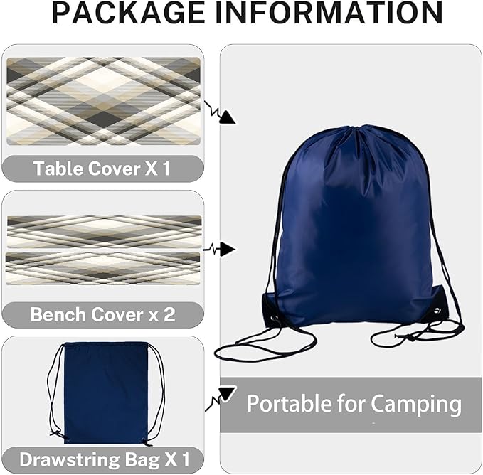 CAPSCEOLL Picnic Table Cover with Bench Covers Farm Plaid Waterproof Camping Tablecloth All-Weather Outdoor Table Protector with Drawstring Bag for Camping Essentials, 72X30in, Grey White