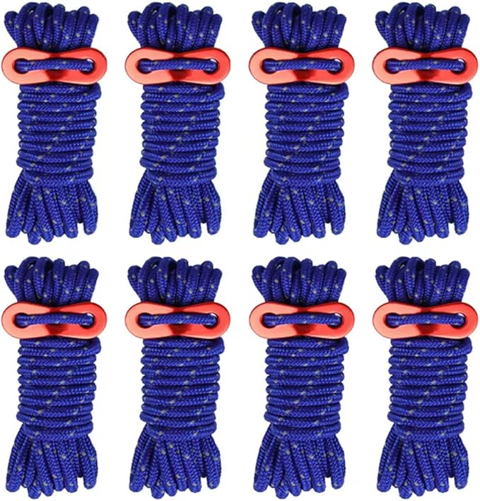 8 Pack 4mm Guy Lines Ultralight Tent Cords with Aluminum Adjuster Tensioner Outdoor Camping Guylines Ropes for Tent Tarp,Climbing,Hiking Backpacking (Blue)