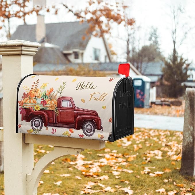 Hello Fall Mailbox Cover Magnetic Autumn Pickup Truck with Pumpkins Letter Box Standard Size 21x18 Inch Happy Harvest Festival Thanksgiving Decorative Waterproof Post Box Covers for Garden Yard