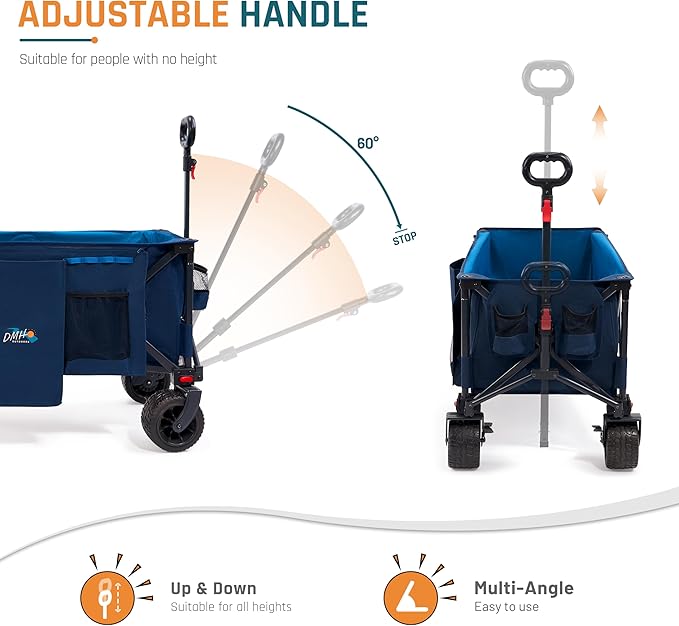 53.5" Extra Long Collapsible Wagon with Tailgate, 325lbs Heavy Duty Utility Folding Cart with All-Terrain 8"x 4.25" Big Wheels and Brakes, Foldable Beach Wagon for Garden Sports Camping Shopping