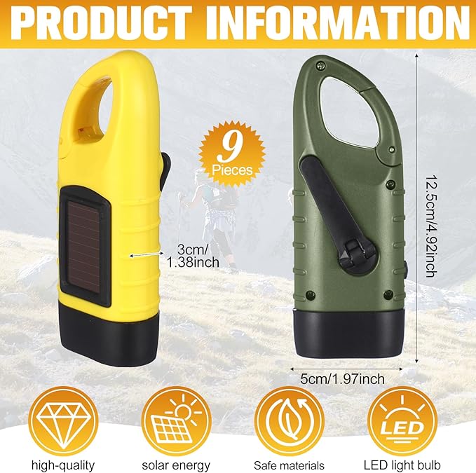 Leelosp 9 Pieces Hand Crank Flashlight Solar Powered Flashlight for Emergencies Dynamo Rechargeable LED Survival Light for Outdoor Sports Hiking Camping(Green,Yellow)