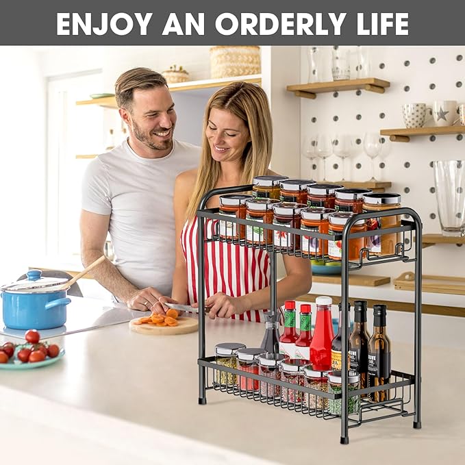 Spice Rack for Countertop, 2-Tier Standing Sturdy Metal Seasoning Organizer Holder, Space Saving Spice Shlef for Kitchen, Cabinet, Pantry Storage, Easy Assembly, Black