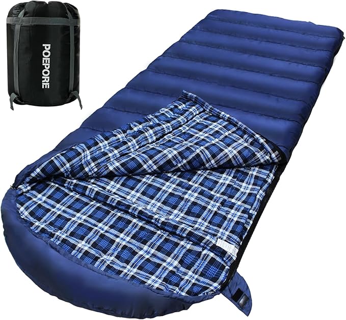 0 Degree Sleeping Bag 100% Cotton Flannel XXL Cold Weather Winter Oversized Sleeping Bag for Adults Camping Zero Degree Big and Tall with Compression Sack