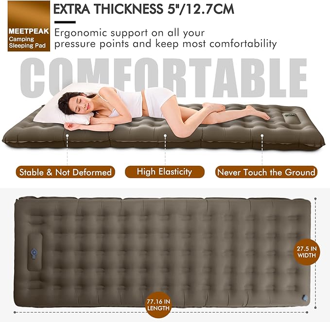 MEETPEAK Extra Thickness 5 inch Inflatable Sleeping Pad for Camping, Ultralight Compact Sleeping Mat Built-in Pump, Portable Camping Air Mattress for Tent Hiking Backpacking Traveling