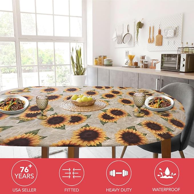 LAMINET Elastic Fitted Table Cover - Sunflower - Oblong/Oval - Fits Tables up to 48" x 68”