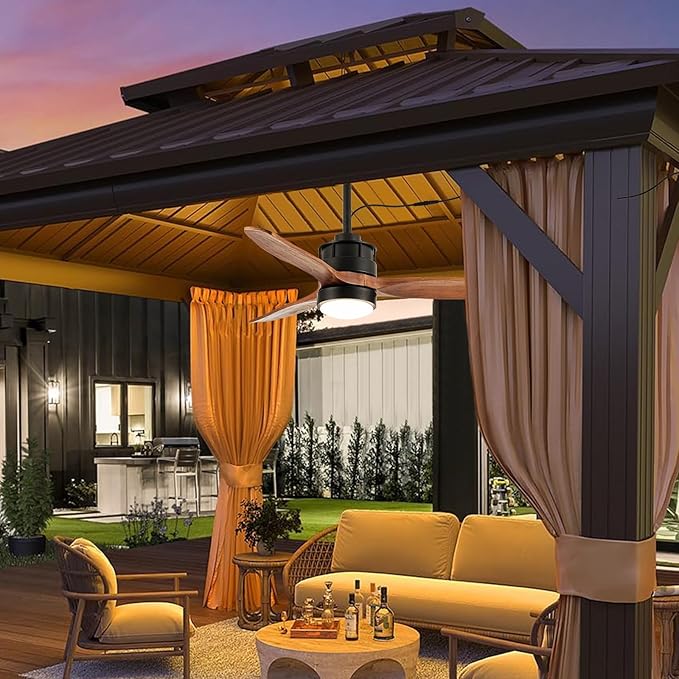 EKIZNSN 32“ Wet Rated Ceiling Fans with Lights Outdoor Hanging for Gazebo Waterproof, DC Motor w 3 Reversible Walnut Wood Blades, Walnut