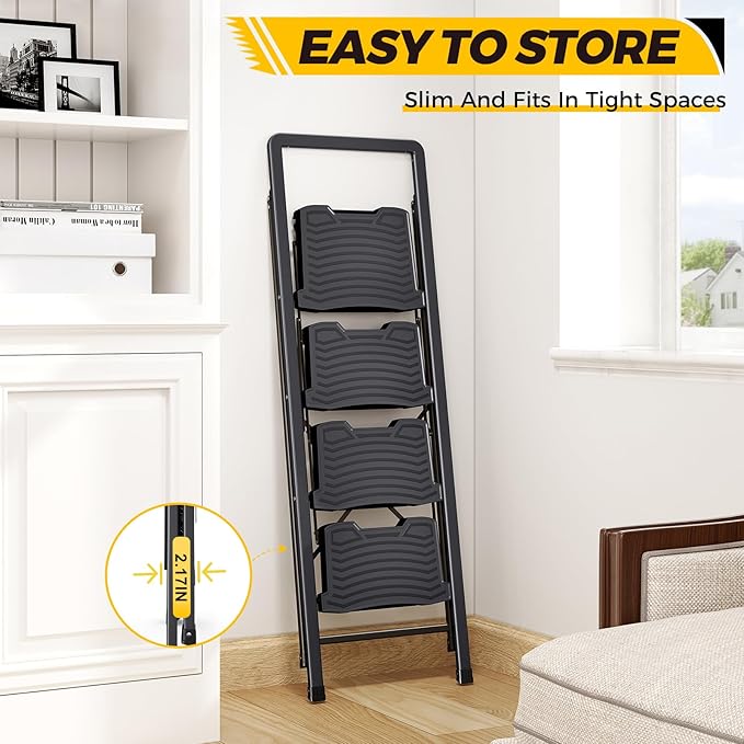 KINGRACK 4 Step Ladder 800lb Capacity, Folding Step Stool with Wide Anti-Slip Pedal & Safety Handrails, Lightweight Steel Ladder for Kitchen, Pantry, Office, Black