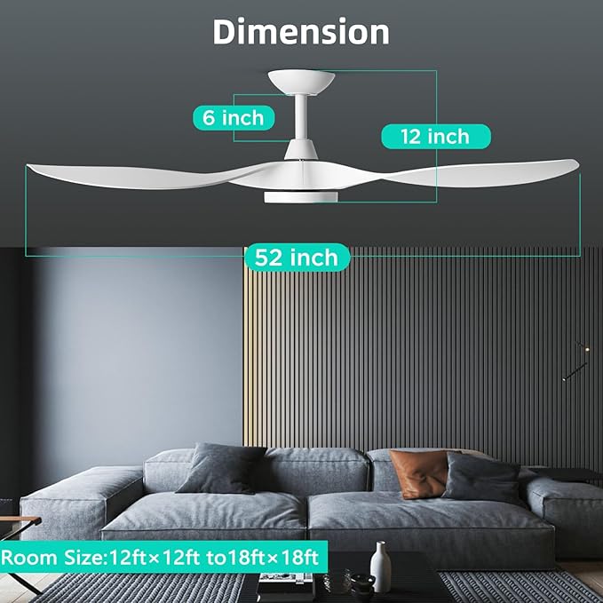 Roomratv Ceiling Fans with Lights,Large Airflow 52inch Modern Ceiling Fan with Quite Reversible DC Motor 3 Color Temperature LED Light (White)