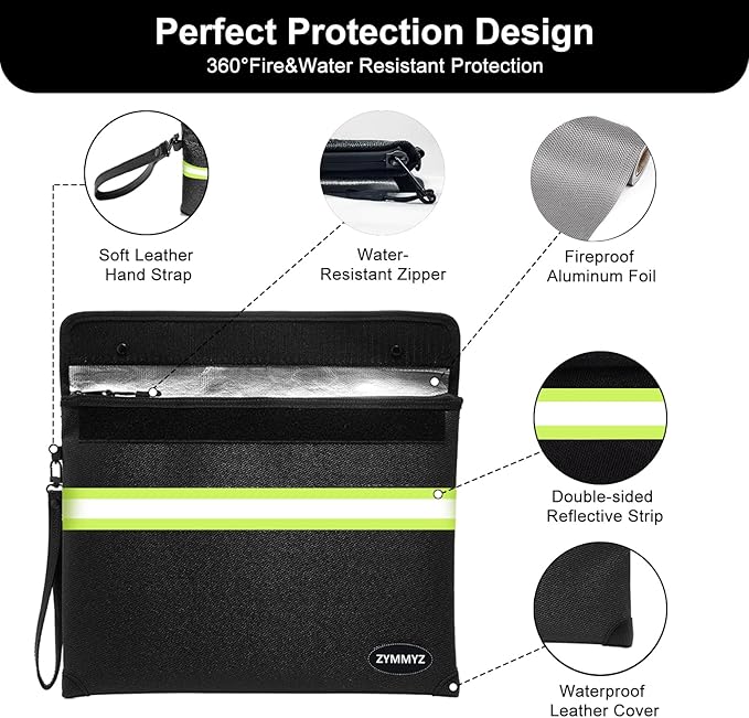Upgraded Insulated Fire Proof Money Bag for Cash,6200℉ Fireproof&Waterproof Document Pouch with Water Resistant Zipper,Fireproof Envelopes for Important Documents,Valuables（Not Suitable for A4 Files）