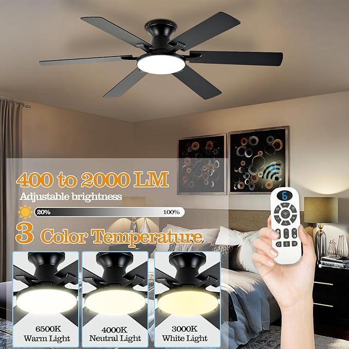 Ceiling Fans with Lights,54 Inch Low Profile Ceiling Fan with Light and Remote Control,6 Speeds/6 Blade,Flush Mount,LED Dimmable DC Reversible Modern, Black Ceiling Fan for Bedroom/Living Room
