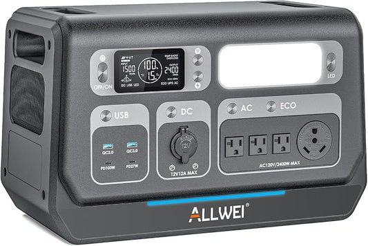 ALLWEI 2400W LiFePO4 Power Station, 2048Wh Solar Generator with 1500W AC Charging &1200W Solar Charging, Expandable to 10.24kWh, with Pure Sine Wave AC Outlets for Home Backup, Power Outages & Camping