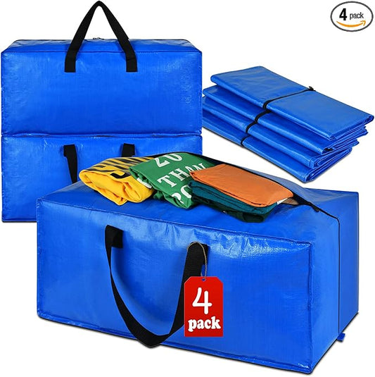 4 Pack Heavy Duty Extra Large Moving Bags Storage Tote - Strong Handles& Backpack Straps - Space Saving Storage Bags Alternative to Moving Boxes and Bins,Compatible with Ikea Frakta Cart, Blue