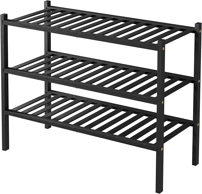 3 Tier Bamboo Shoe Rack for Closet Free Standing Wood Shoe Shelf Storage Organizer for Entryway Small Space Stackable 27"x11"x20" (Black)