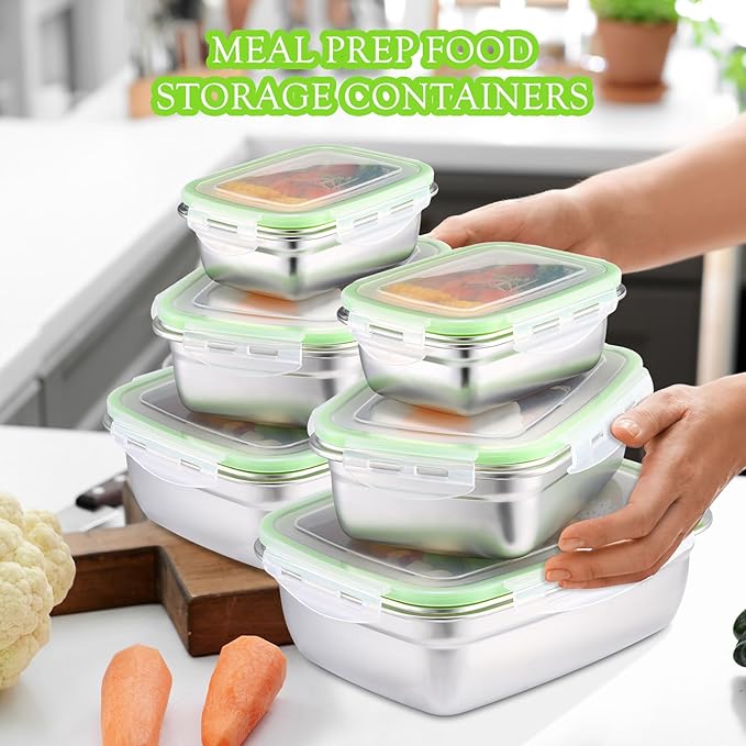 Nuanchu 6 Packs Stainless Steel Food Storage Containers Airtight Metal Food Containers Meal Prep Container Leak Proof Stackable Bento Lunch Box with Lids for Kitchen Travel Picnic and Camping(Green)