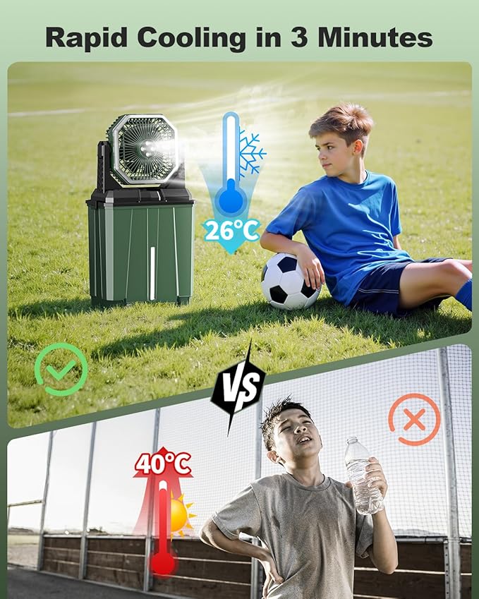 Portable Misting Fan, Rechargeable Outdoor Cooler, Battery Operated Personal Fan with3 Speeds & 8L Bucket for Patio, Camping,Hiking, Backyard, Travel, Desk,Pool, Beach, Green