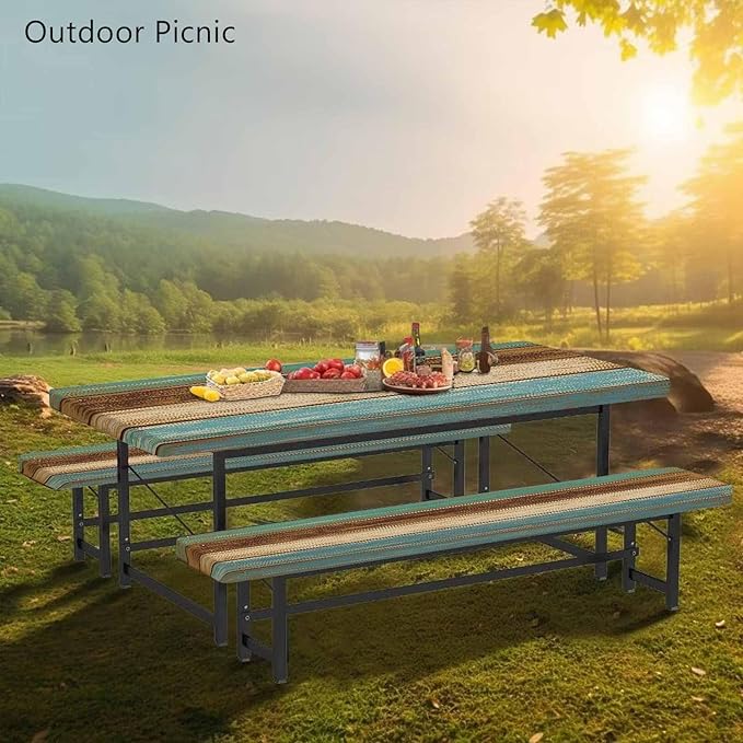 CAPSCEOLL Picnic Table Cover with Bench Covers Waterproof Camping Tablecloth All-Weather Outdoor Table Protector with Drawstring Bag for Camping Essentials, 72X30in, Blue Brown Wood