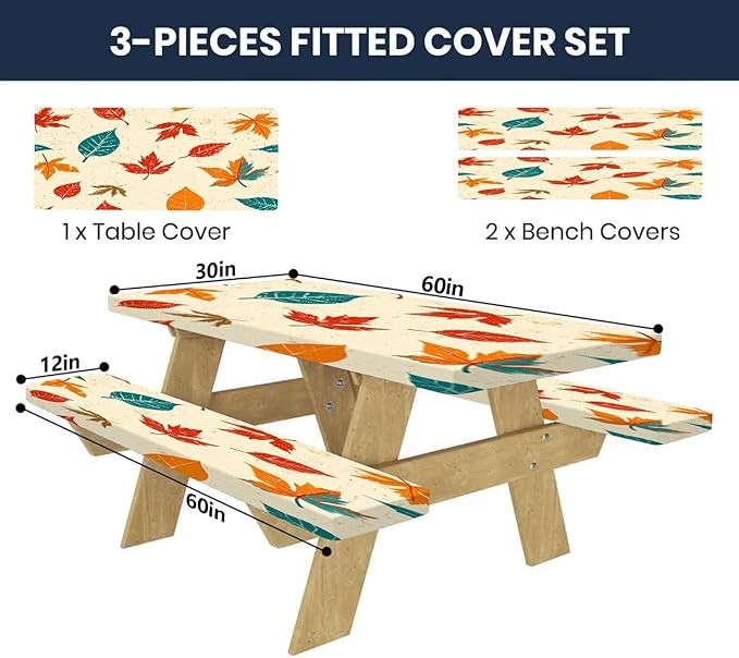 CAPSCEOLL Elastic Picnic Table Cover with Bench Covers 5Ft Waterproof Fitted Picnic Table Cover Cloths for Outdoors Camping Tablecloth with Drawstring Bag, 60X30in, Maple Leaf